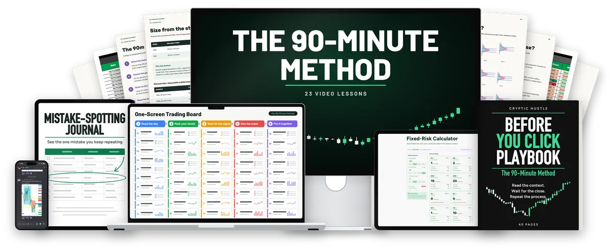 Everything inside the 90-Minute Method: the course, the journal, the trading board, the playbook, the calculator and the community
