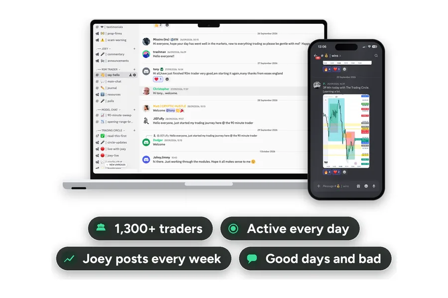 The Discord community on a laptop and a phone: new members saying hello and a member sharing a trade